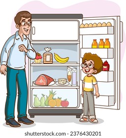 ilustración vectorial del niño y su padre mirando el refrigerador. El niño le pide a su padre el jugo en el refrigerador.