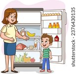 vector illustration of boy and his mother looking at the refrigerator.The boy asks his mother for the juice in the refrigerator.