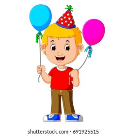 vector illustration of boy holding balloons