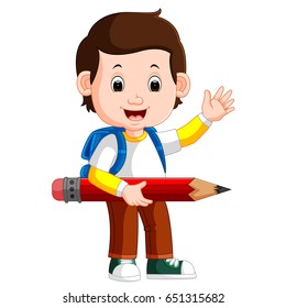 vector illustration of boy holding big pencil