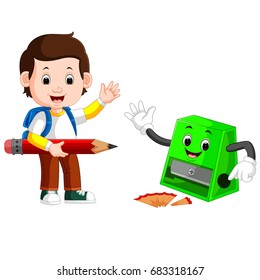 vector illustration of boy holding big pencil and sharpener