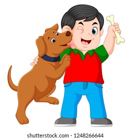 vector illustration of A boy holding bone with his dog