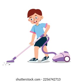 Vector illustration of a boy holding an electric vacuum cleaner. Cartoon scene of smiling boy cleaning garbage with vacuum cleaner isolated on white background.