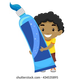 Vector Illustration of Boy holding giant Toothpaste