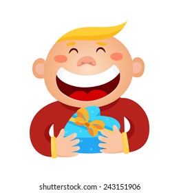 Vector illustration of a boy holding a gift in a wrapped heart-box isolated on white. Valentines days card.