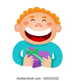 Vector illustration of a boy holding a gift in a wrapped heart-box isolated on white. Valentines days card.