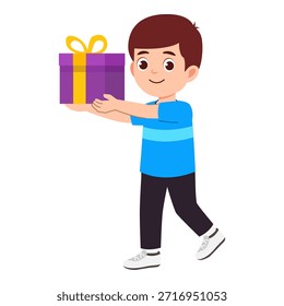 Ilustração vetorial do menino segurando uma caixa de presente, aniversário e ilustração vetorial da festa de ano novo