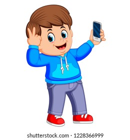 vector illustration of boy holding his smartphone with his hand and taking a selfie of himself