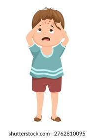 Vector illustration of a boy holding his head, showing pimples on his face.