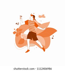 Vector illustration of a boy holding paper cup of coffee. Dynamic flat design of coffee-to-go for mobile app, web, delivery banner.