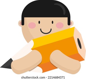 Ilustración vectorial de un niño sosteniendo un lápiz. Enseñanza y educación. Escritura o dibujo de un chico.