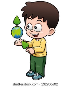 Vector illustration of Boy holding the planet earth