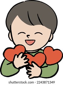 Vector illustration of a boy holding three hearts