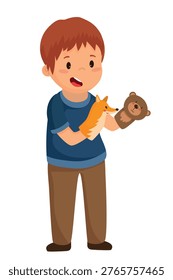 Vector illustration of a boy holding a toy fox and a toy bear.