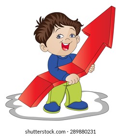 Vector illustration of boy holding upward arrow sign, representing business success.