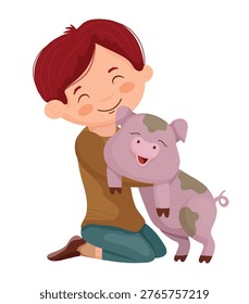 Vector illustration of a boy hugging his pet pig in a simple scene. The scene captures a child cuddling with a domestic animal.