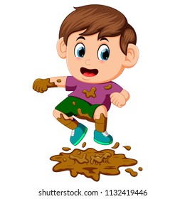 vector illustration of boy jumping in the mud