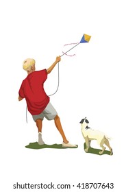 Vector illustration of a boy with kite and small dog watching