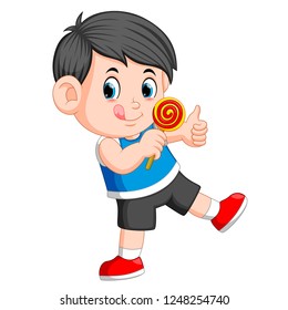 vector illustration of A boy licking lollipop and giving you thumb up