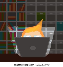 Vector illustration of a boy in the light of a laptop on the background of a bookshelf