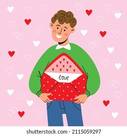 Vector illustration with boy in love. 14 february, saint valentines day. Postcard with love. Man holding a letter.