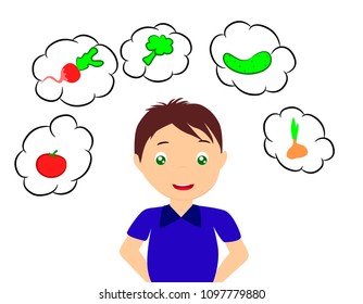 Vector illustration, boy loves vegetables