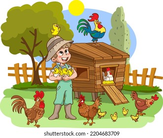 vector illustration of boy loving chicks.cute boy looking after chickens and chicks in the coop