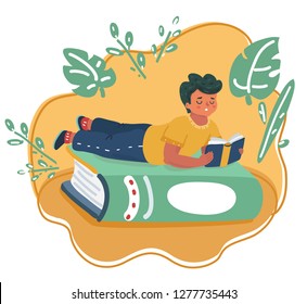 Imagen vectorial del niño mentido con el libro de lectura. De vuelta al concepto escolar. Feliz niño curioso.
