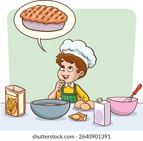 Vector illustration of boy making cake or bread in the kitchen
