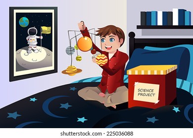 A Vector Illustration Of Boy Making A Solar System At Home As A Science Project Homework