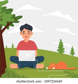 vector illustration boy, man working in his laptop in a outdoor or park, digital nomad working remotely