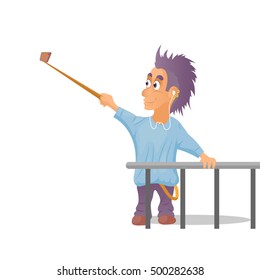 Vector illustration. Boy with Mohawk hairstyle, selfie stick 