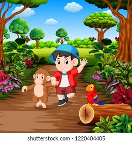 vector illustration of a boy with monkey in the rainforest