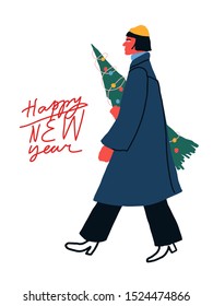Vector illustration with a boy in navy coat and yellow beanie hat holding christmas tree. Happy New Year festive lettering. Christmas and New Year. Winter holidays related image.