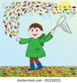 vector illustration of a boy with net, who catches leaves.