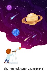 Vector illustration of boy observing space through telescope. 