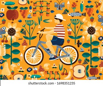 
Vector illustration with a boy on a bicycle and summer objects: apples, pears, cherries, flowers. Picture for books, cards, notepad, t-shirts.