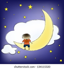 vector illustration of boy on the moon