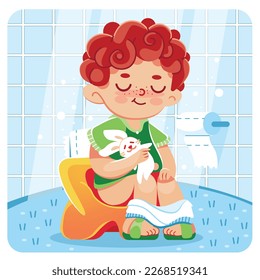 Ilustración vectorial de un niño en una cacerola en el baño. Se puede usar como una carta de juego, material de aprendizaje para los niños.