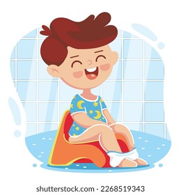 Vector illustration of a boy on a potty in the toilet. It can be used as a playing card, learning material for kids.