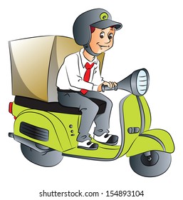 Vector illustration of boy on scooter delivering pizza.
