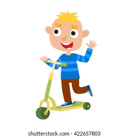 Vector illustration of boy on scooter having fun outside. Happy kid riding kick scooter outdoors. Summer break, stylish curly boy having free time playing isolated on white background. Happy child.