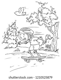 Vector illustration, boy on skateboard, coloring drawing, cartoon concept.