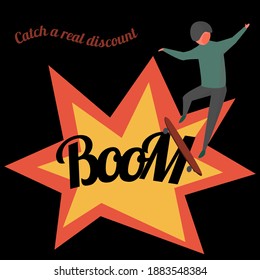 Vector illustration. a boy on a skateboard. the ground explodes under him