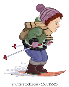 Vector illustration, boy on skis, cartoon concept, white background.