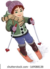 Vector illustration, boy on skis, cartoon concept, white background.