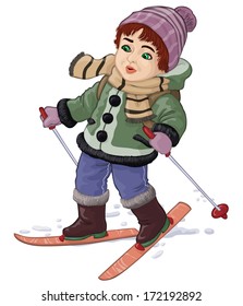 Vector illustration, boy on skis, cartoon concept, white background.