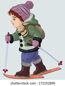 Vector illustration, boy on skis, cartoon concept.