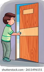 Vector illustration boy opening the door