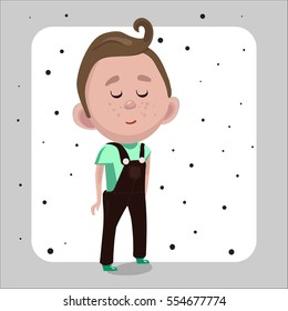 Vector illustration of a boy in overalls, the boy is standing with his eyes closed. Playing hide and seek.